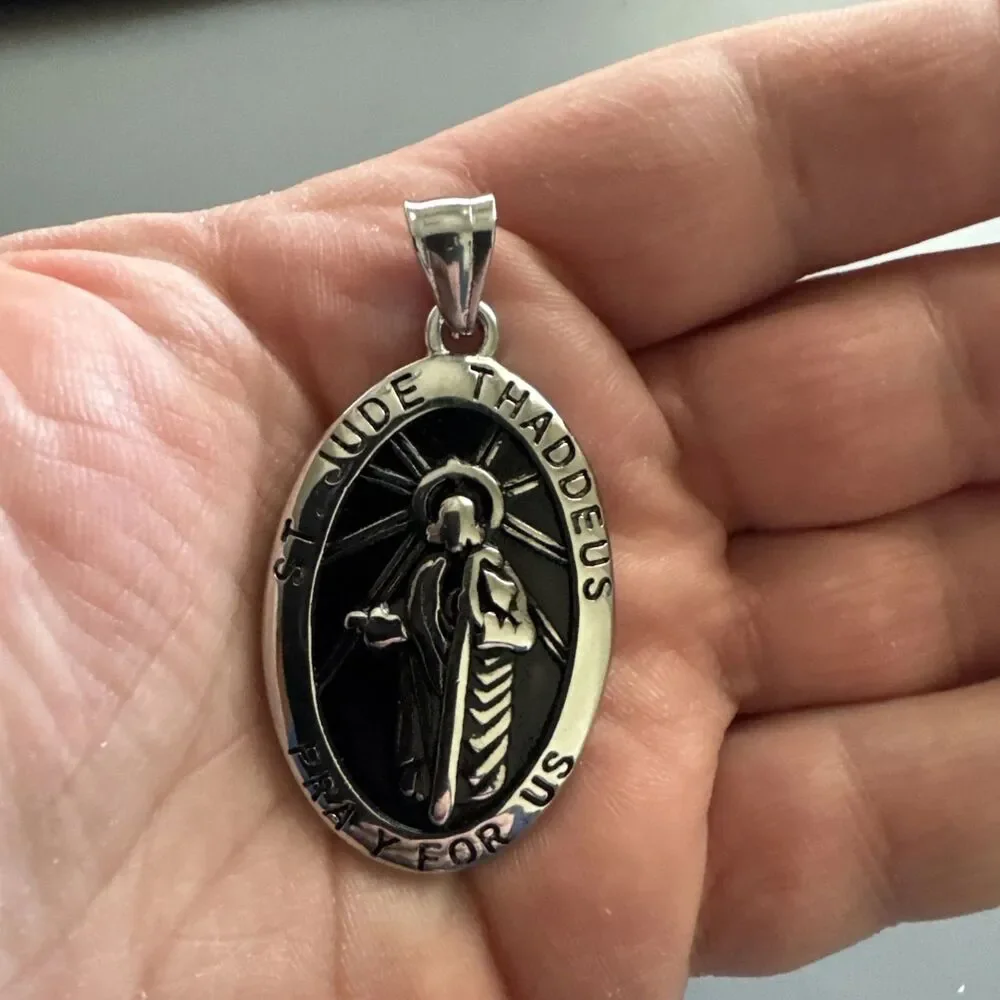 St. Jude Stainless Steel Pendant 24” Chain Religious Jesus Christ Gun Metal